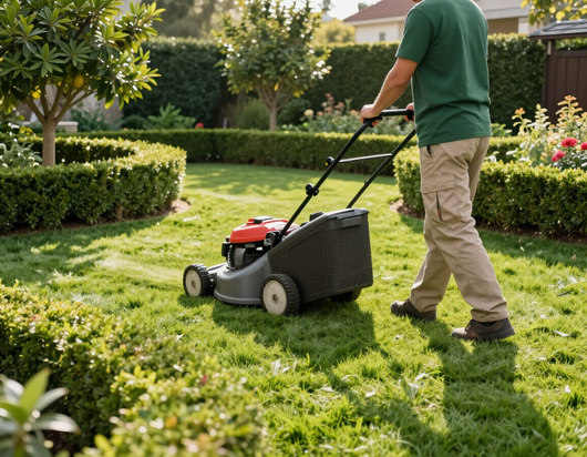 Una persona con una camicia verde e pantaloni color kaki spinge un tosaerba su un prato ben curato in un giardino paesaggistico.