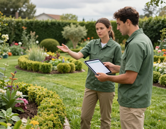 Due giardinieri in uniforme verde sono in piedi in un parco, intenti a consultare un tablet e a indicare le aree verdi.