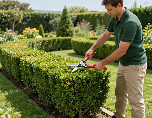 In un giardino soleggiato, una persona con una polo verde pota una siepe ben curata con delle cesoie da siepe dal manico rosso.