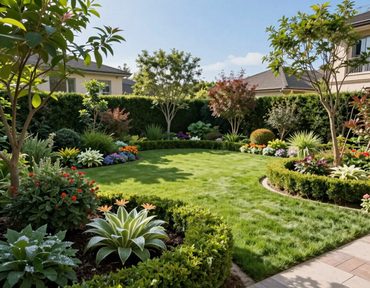 Un vivace giardino residenziale caratterizzato da un prato circolare ben curato, siepi potate, piante fiorite e alberi secolari.