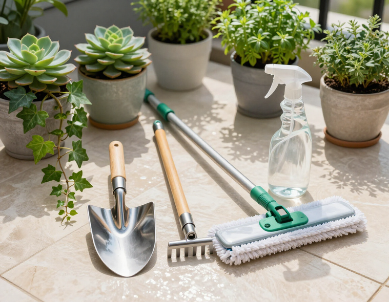 Piccole piante in vaso, una cazzuola di metallo, un rastrello in miniatura e un flacone spray disposti su un balcone piastrellato.