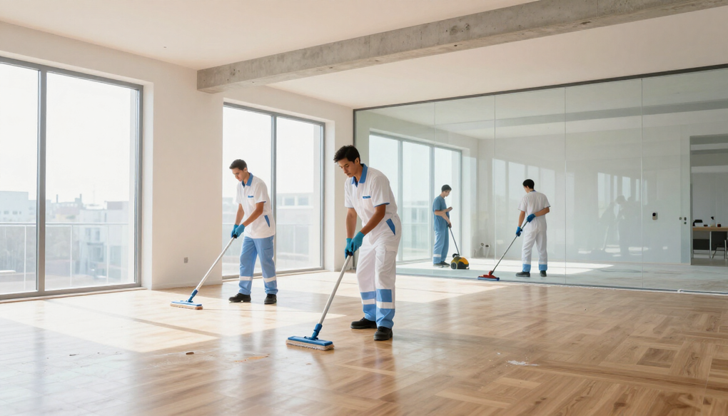 Quattro addetti alle pulizie in uniforme bianca e guanti blu lavano un pavimento in legno in un ufficio luminoso, moderno e open space.