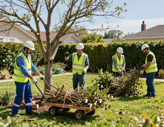 Quattro operai con elmetti e giubbotti ad alta visibilità lavorano insieme per rimuovere rami e detriti dal prato di un'abitazione privata.