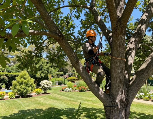 Un arboricoltore, con casco e imbracatura di sicurezza, è posizionato su un grande albero in un giardino ben curato.