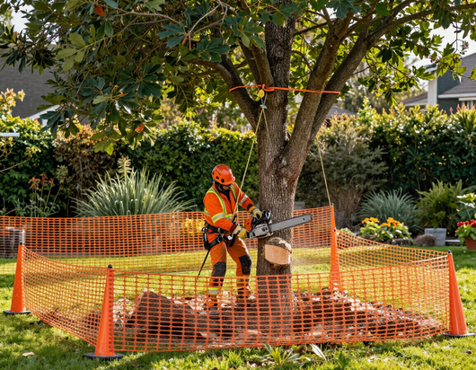Un operaio con indosso una tuta arancione ad alta visibilità taglia il tronco di un albero con una motosega all'interno di una recinzione di sicurezza arancione in un cortile.