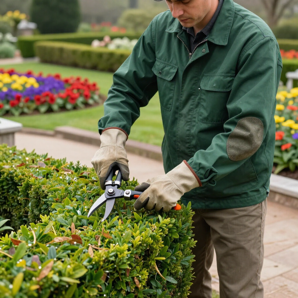 Un giardiniere con giacca e guanti verdi usa delle cesoie da potatura per tagliare una siepe rigogliosa in un giardino fiorito.