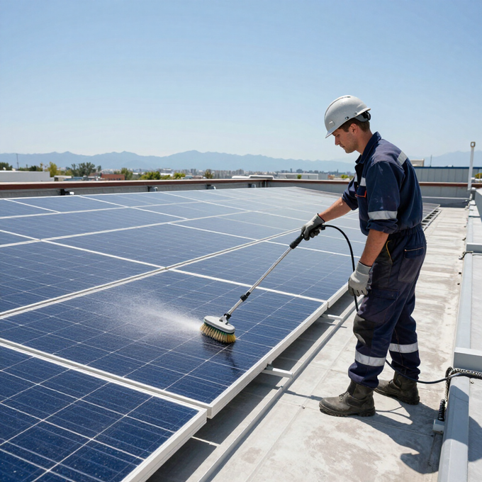 Un operaio con elmetto e tuta protettiva utilizza una spazzola a manico lungo per pulire un impianto di pannelli solari sul tetto.