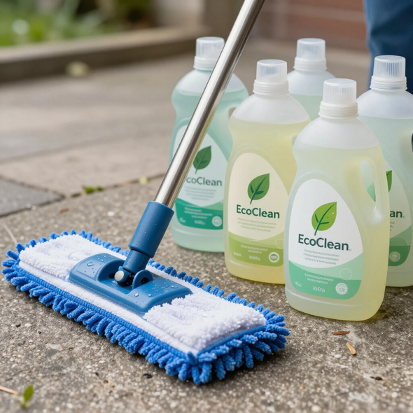 Un mocio piatto è appoggiato su una superficie di cemento accanto a diverse bottiglie di detergente per pavimenti EcoClean.