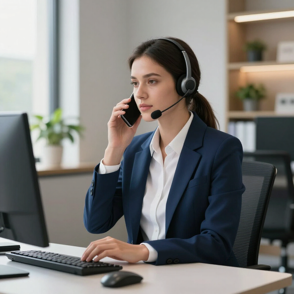Un professionista con le cuffie parla al cellulare mentre lavora al computer in un ufficio.