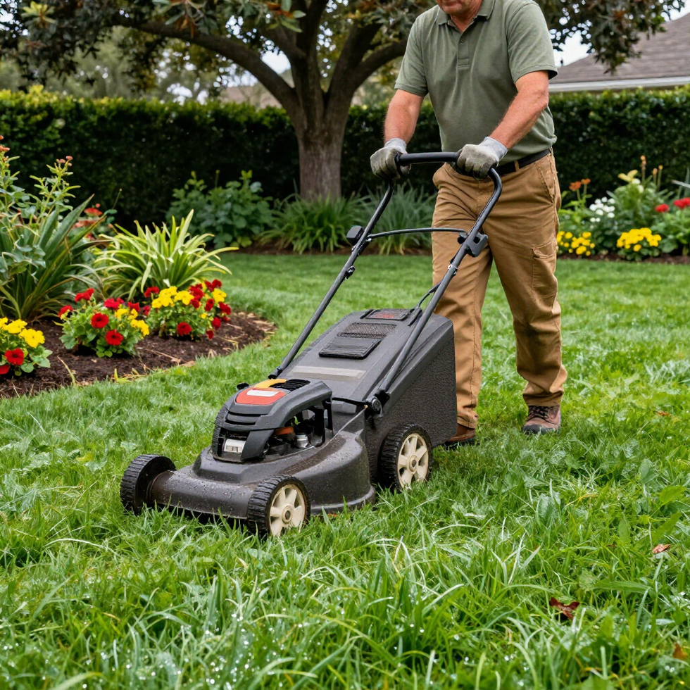 In un giardino, in una giornata di sole, una persona con i guanti da lavoro taglia un prato verde e rigoglioso con un tosaerba nero a spinta.