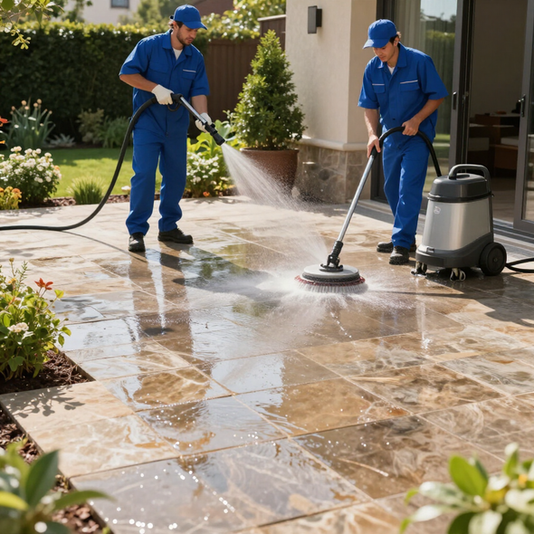 Due operai in uniforme blu utilizzano un'idropulitrice per pulire un patio in pietra all'esterno di un'abitazione.