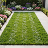 Un prato rettangolare verde circondato da piastrelle di pietra e aiuole fiorite dai colori vivaci in un giardino ben curato.