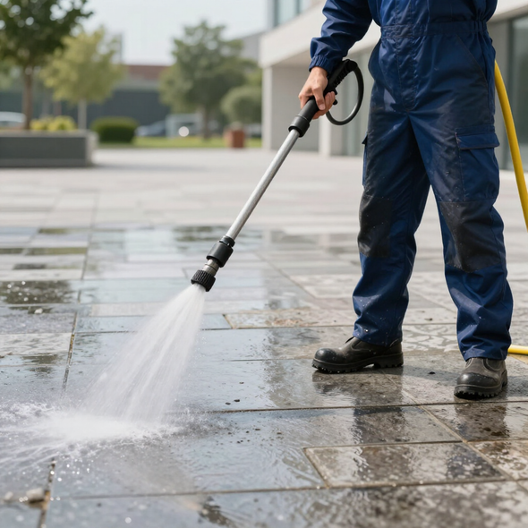 Una persona con una tuta da lavoro blu scuro utilizza un'idropulitrice per pulire un marciapiede grigio e bagnato all'aperto.