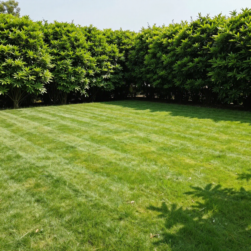 Un prato verde e rigoglioso, con linee di taglio precise, delimitato da una siepe fitta e ben curata, sotto un cielo limpido e luminoso.