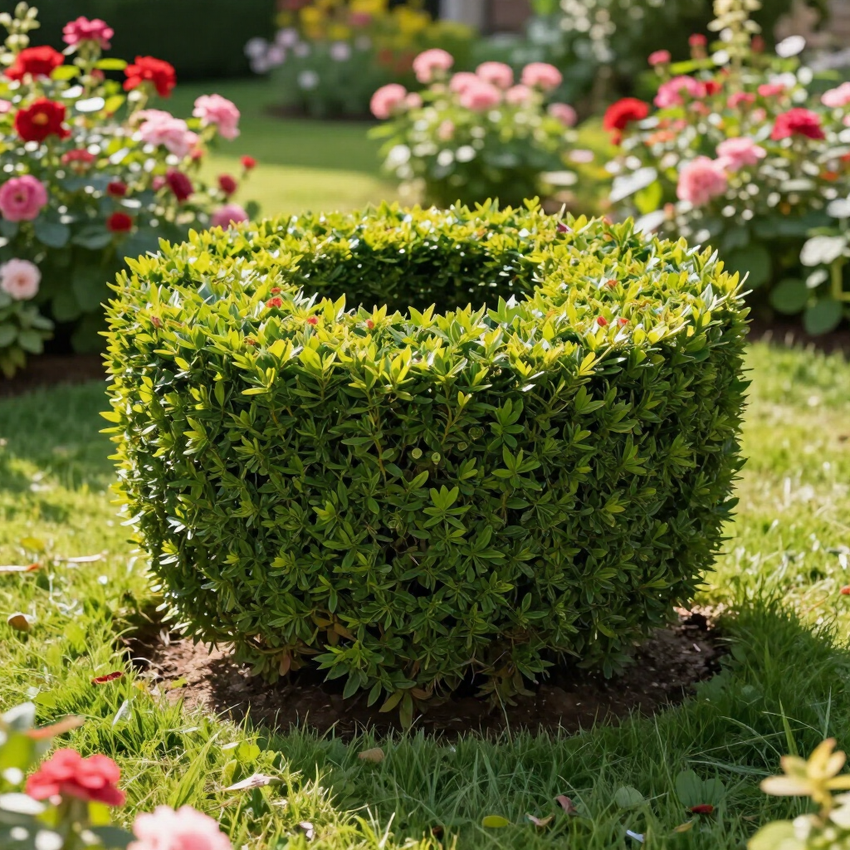 Una siepe verde, cilindrica e ben curata, si erge in un prato, circondata da macchie di fiori colorati in piena fioritura.
