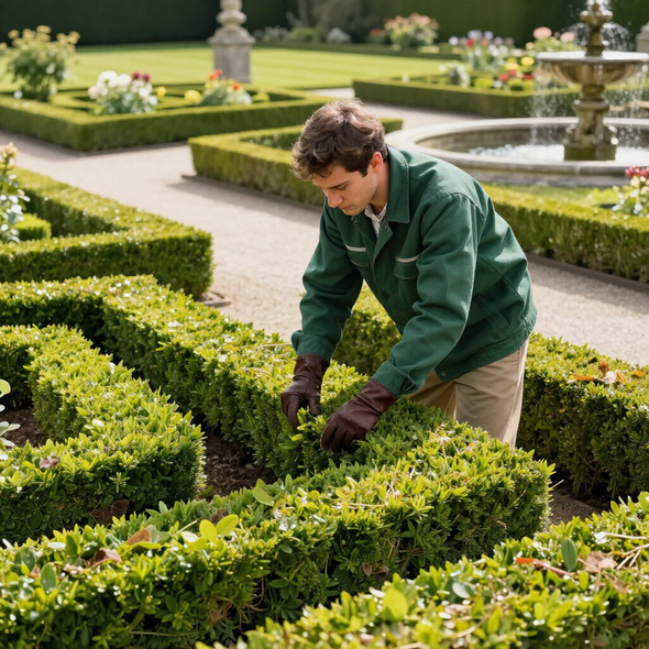 In un giardino formale, una persona con una giacca da lavoro verde e guanti marroni pota una siepe di bosso ben curata.