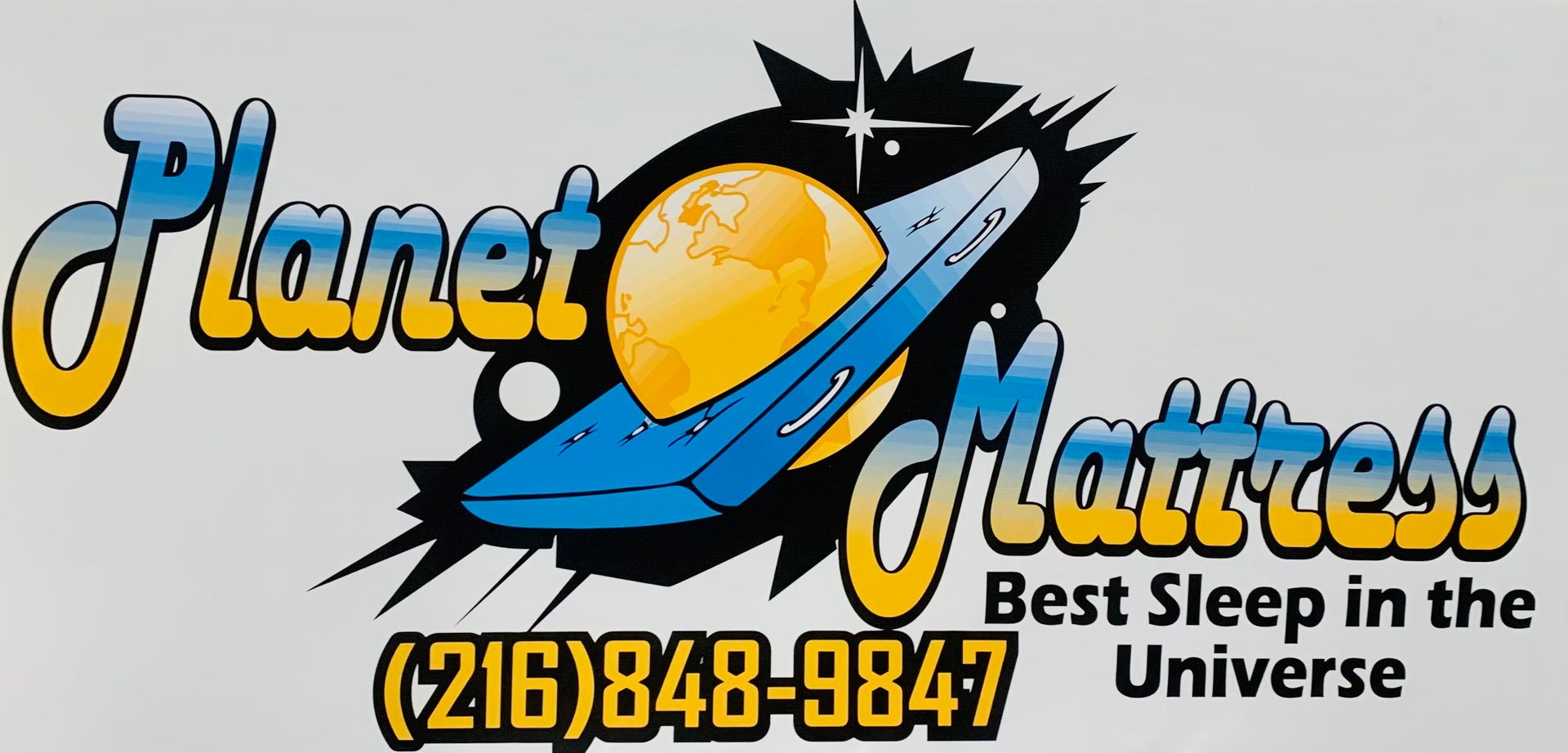 Logo for Planet Mattress. Features a planet with a spaceship, and text "Best Sleep in the Universe".
