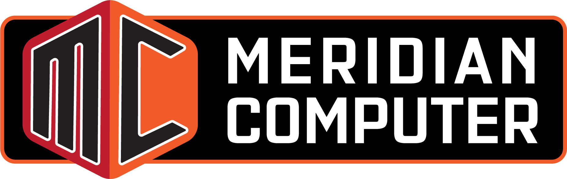 The logo for meridian computer is a black and orange logo.