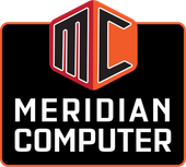 A logo for meridian computer with a black background