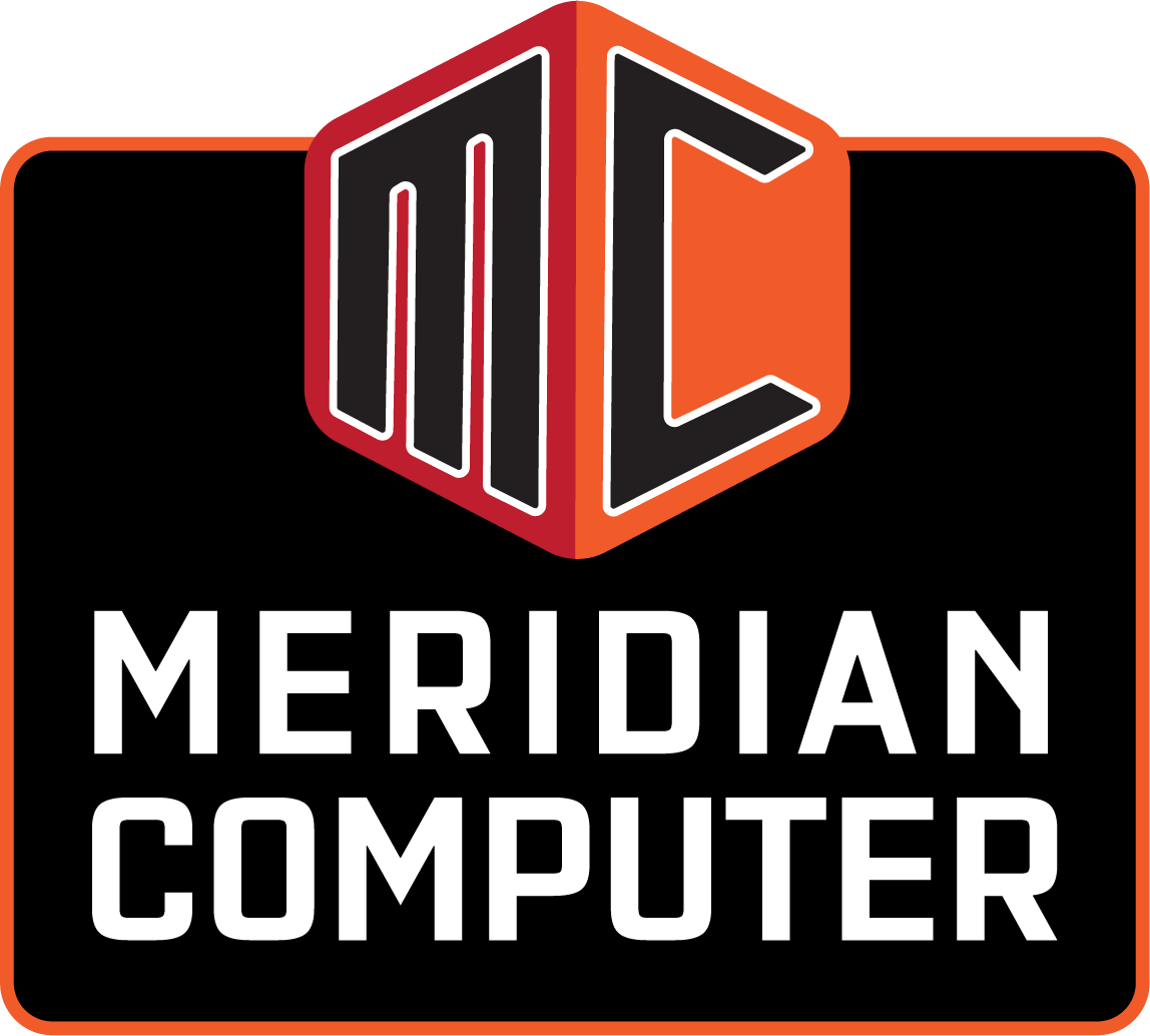 A logo for meridian computer with a black background