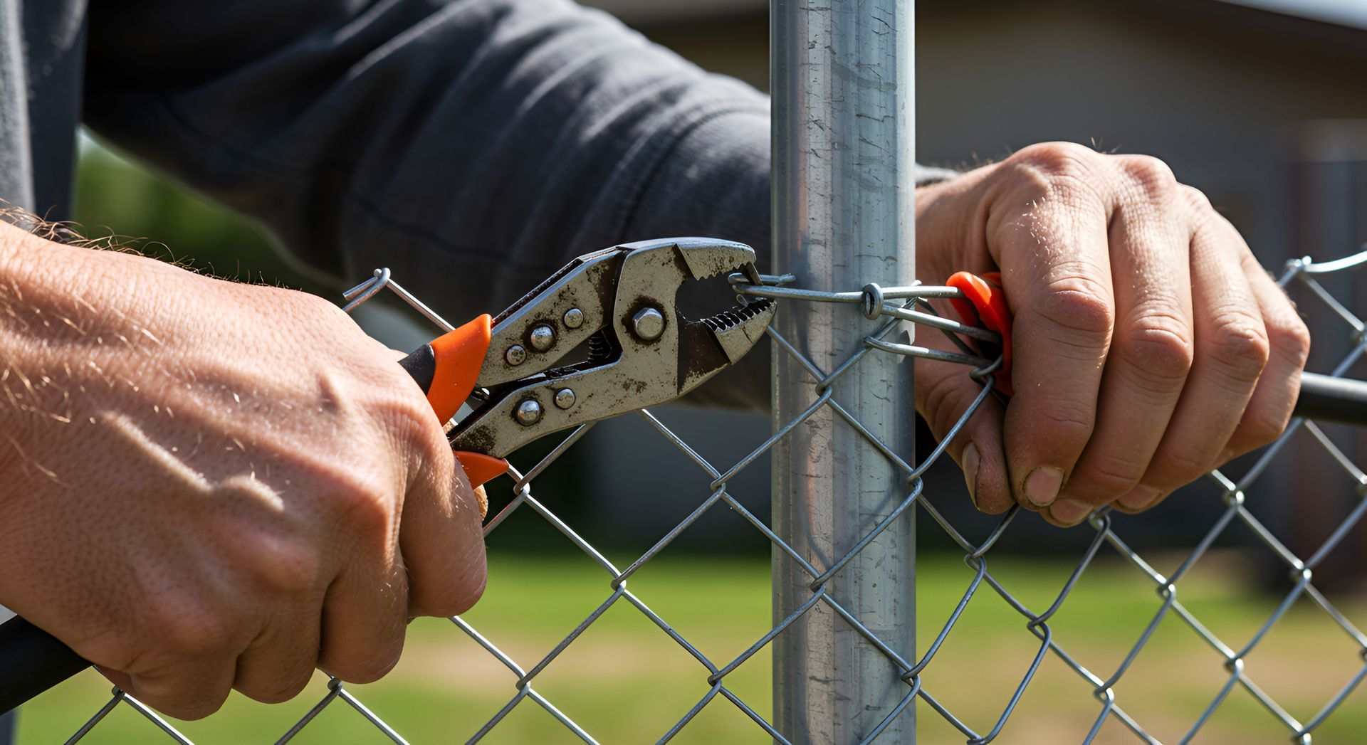 Person using pliers to secure chain link fence to metal post.