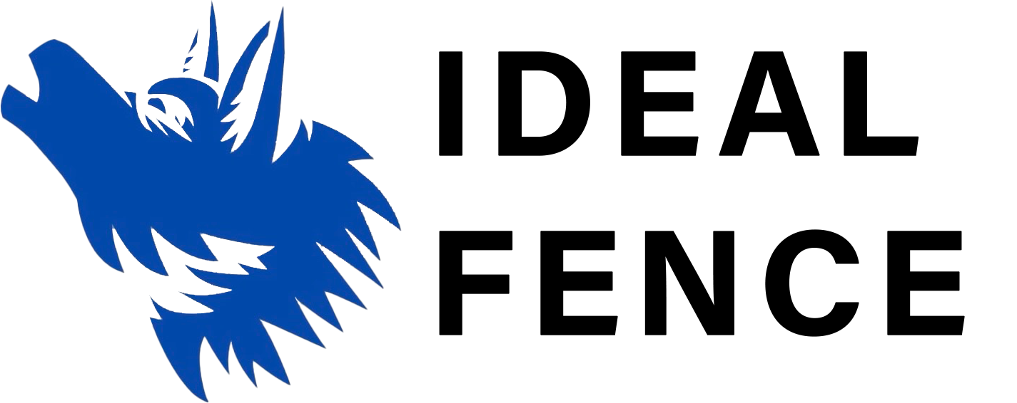 Blue wolf head logo next to the words IDEAL FENCE in black font.