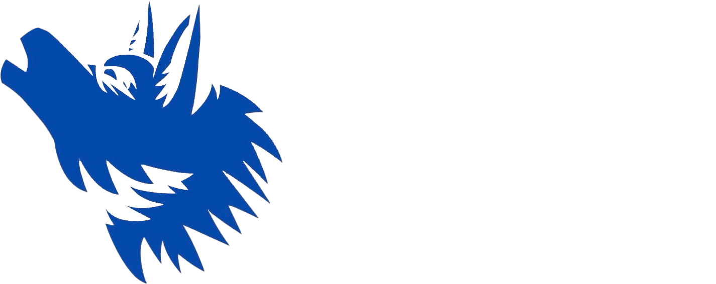 Blue wolf head graphic on white background.
