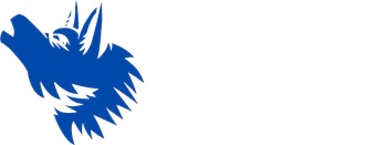 Blue wolf head graphic on white background.