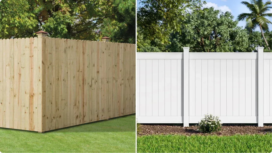 Two fences: one wood, one white vinyl, both surrounding green lawns.