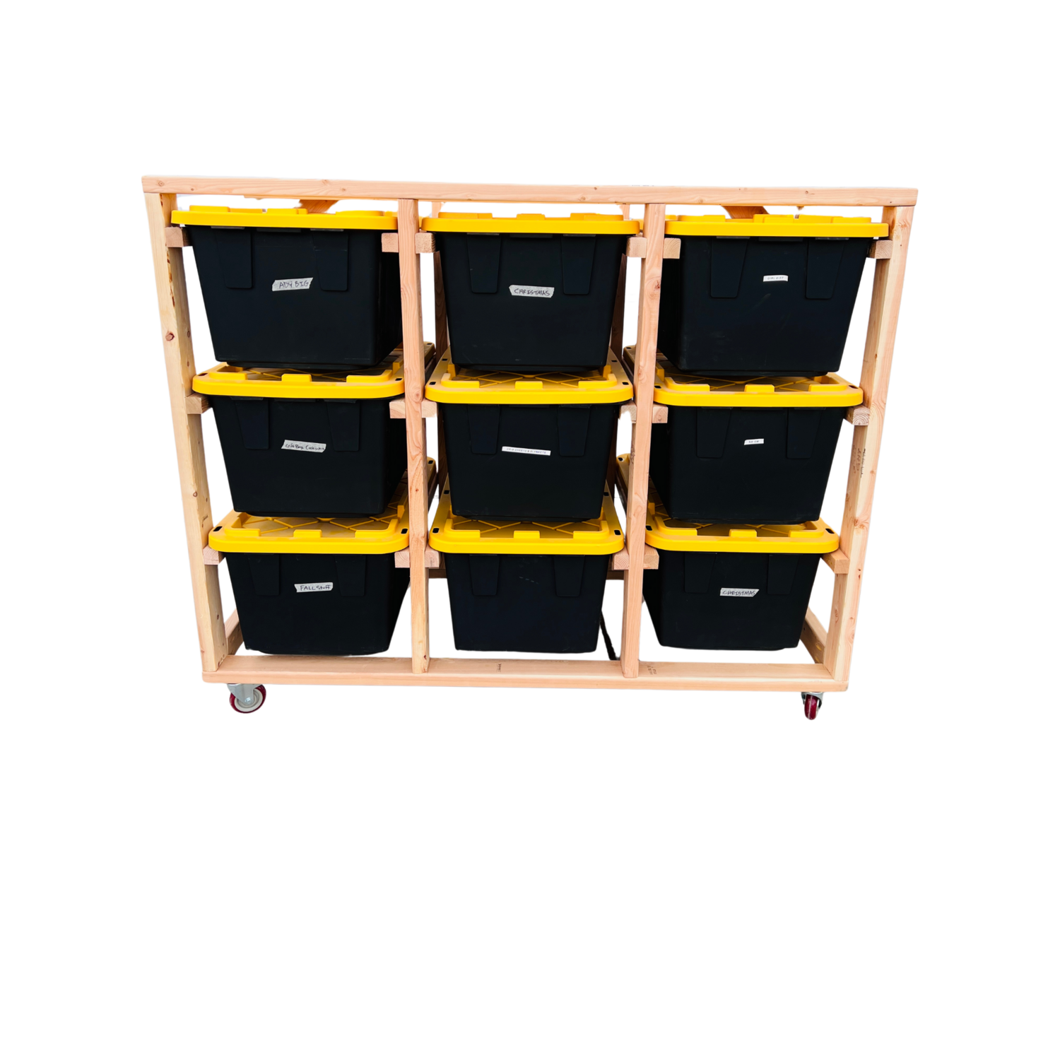 A bunch of yellow bins are stacked on top of each other