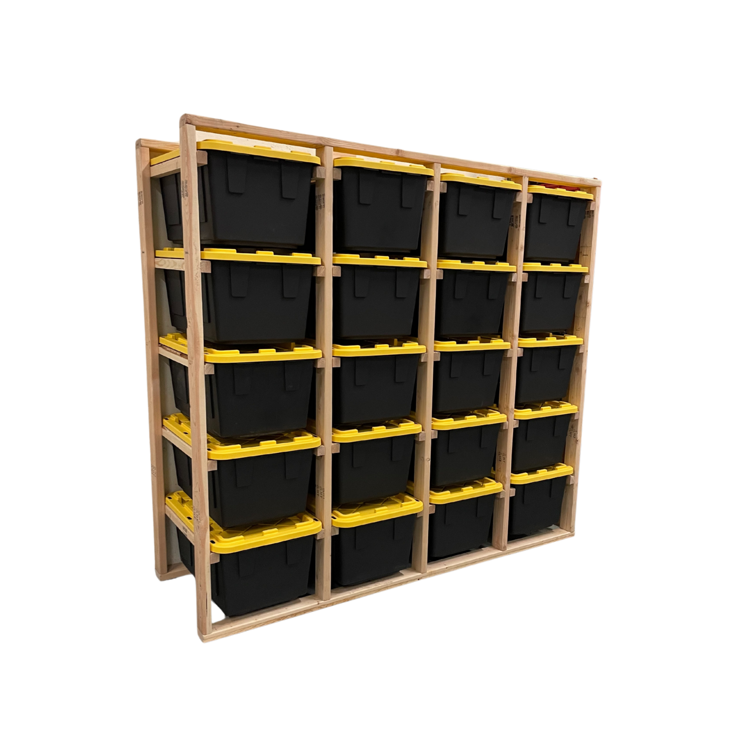 A yellow and wooden shelf with drawers and wheels on a white background.