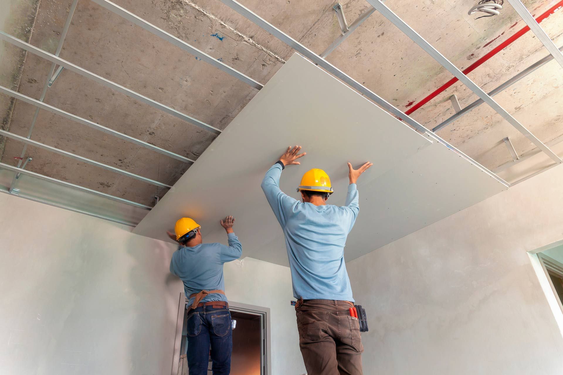 Two construction workers are installing a ceiling in a room