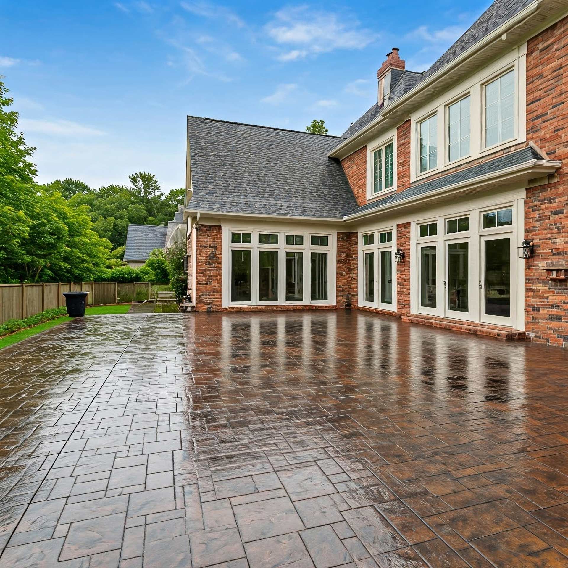 A large brick house with a patio in front of it.
