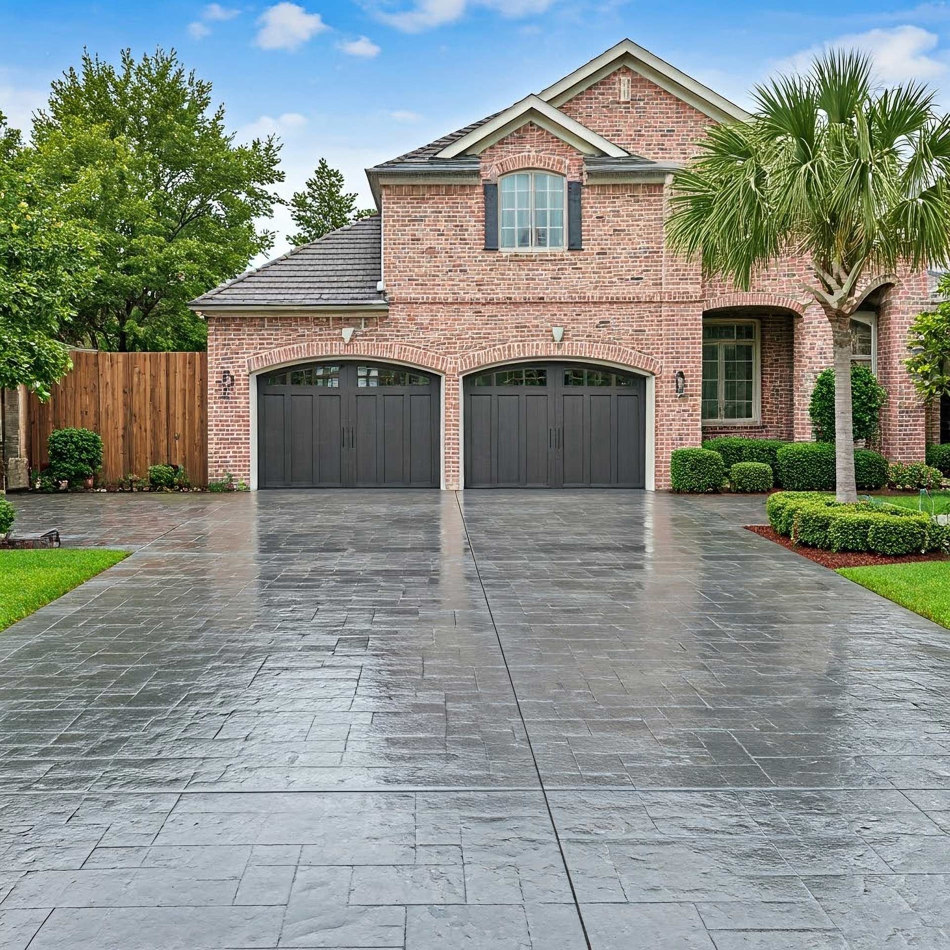 A large brick house with two black garage doors
