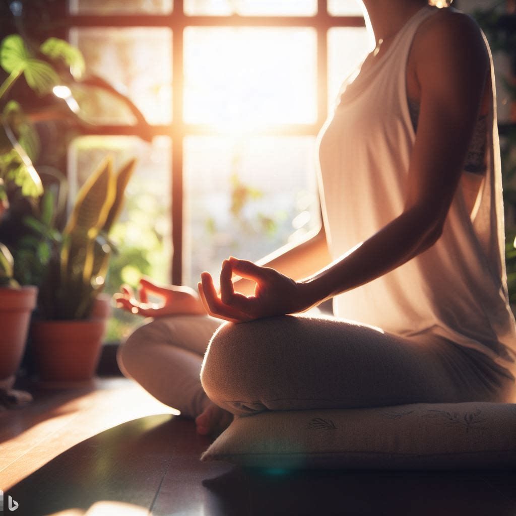 A woman sits in a lotus position in front of a window