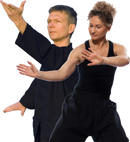 A man and a woman are practicing martial arts on a white background