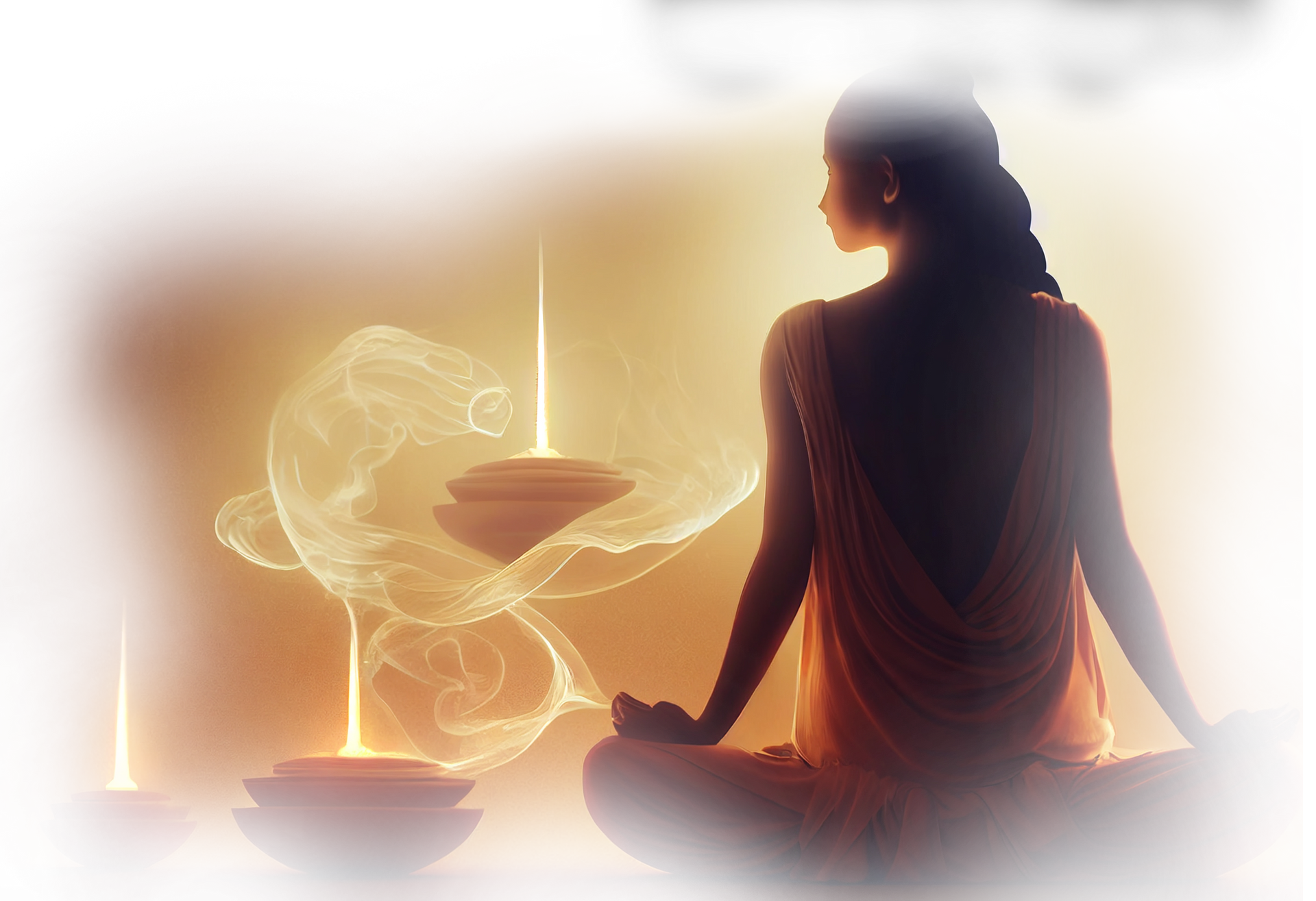 A woman is sitting in a lotus position with candles in the background.