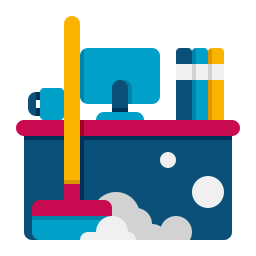 Desk being cleaned with a broom; includes computer, mug, books, and soapy bubbles.