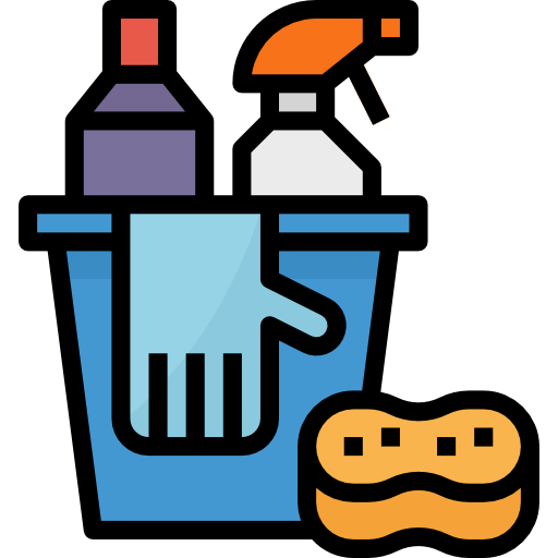 Cleaning supplies in a blue bucket: spray bottle, cleaner, glove, and sponge.