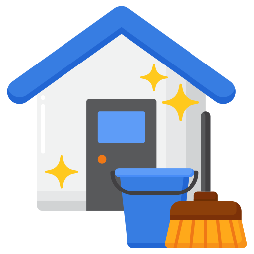 A house with a blue roof, door and bucket, and a broom. Yellow sparkles indicate cleaning.