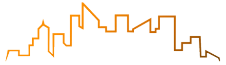 A line drawing of a city skyline on a white background.