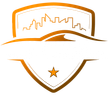 A shield with a city skyline and a star on it.