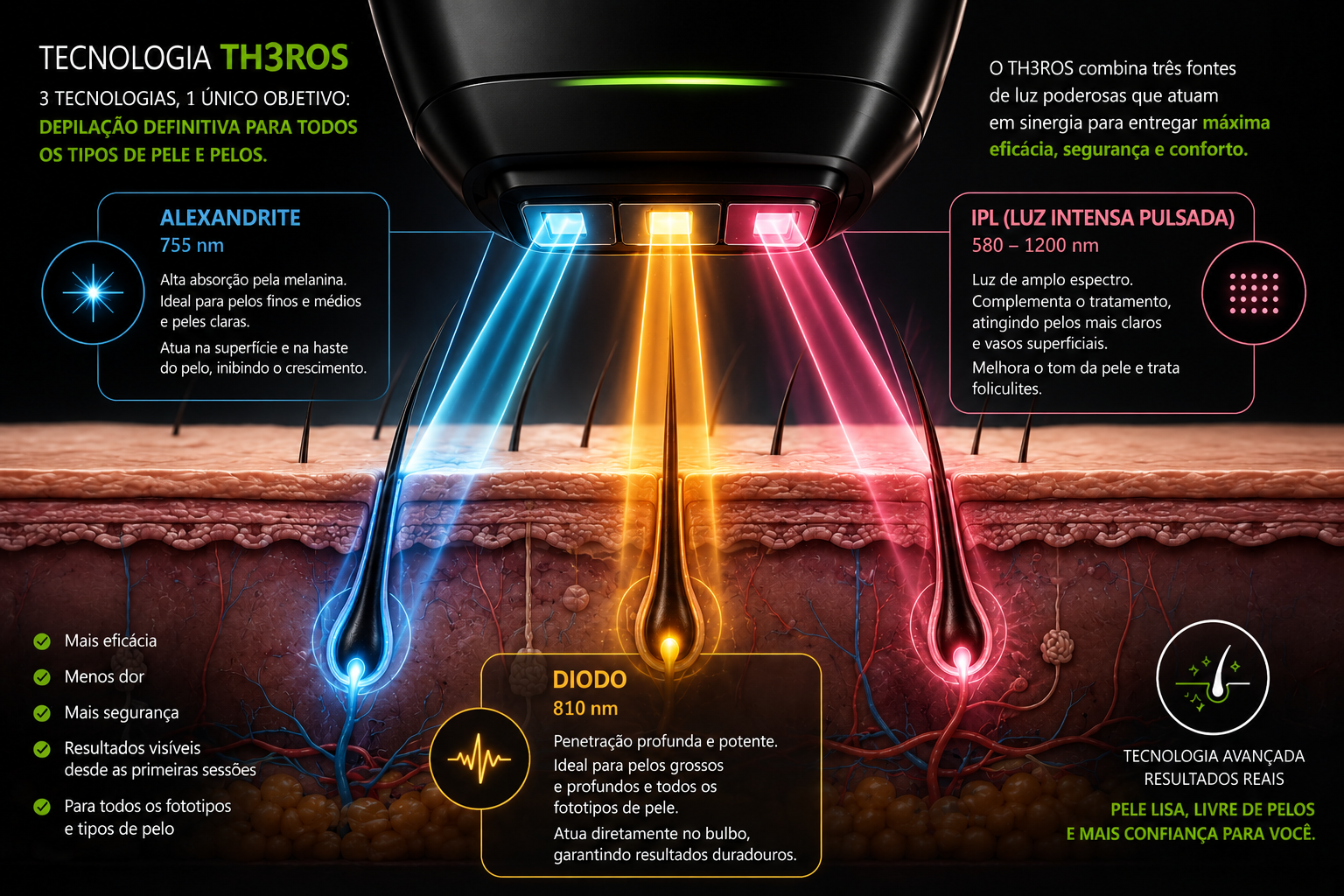 Ilustração da exclusiva tecnologia de depilação a laser Th3ros, garantindo eficiência e conforto.