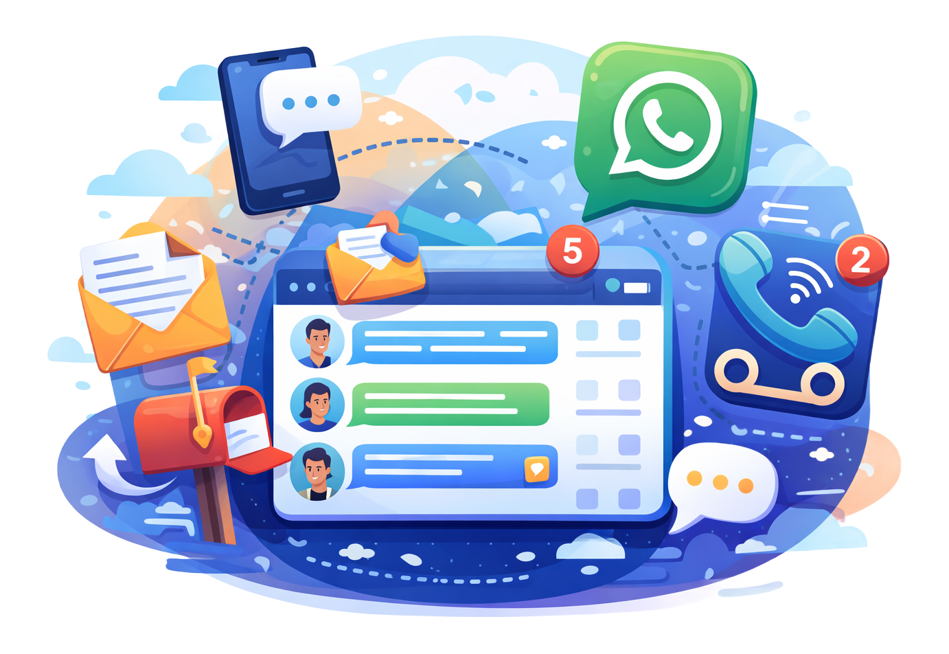 Illustration of communication methods: phone, email, WhatsApp, and SMS, with message bubbles and notifications.