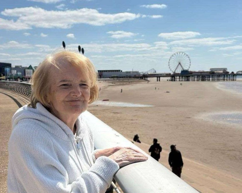 A woman is leaning on a railing looking at the beach.