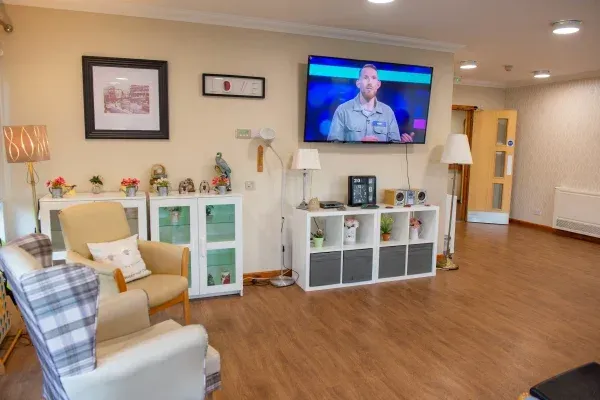 Living room with TV, beige walls, armchairs, and wood flooring.