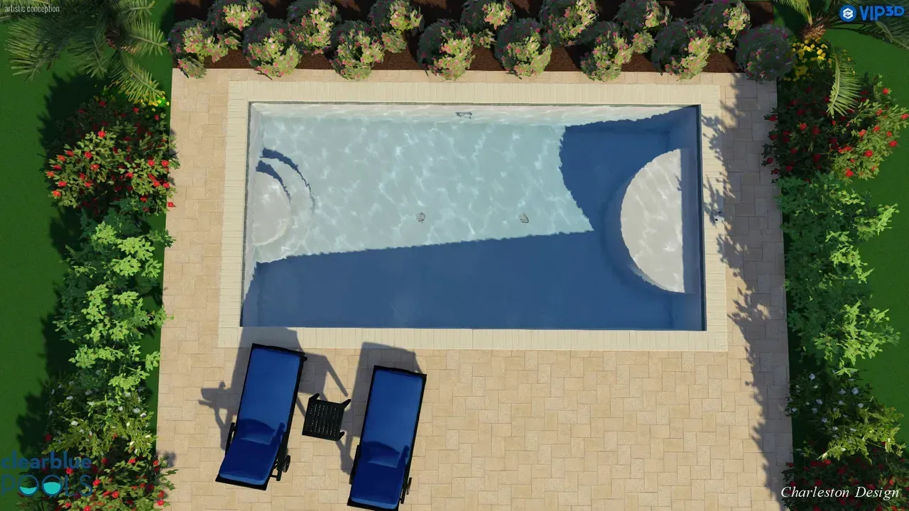 An aerial view of a large swimming pool surrounded by lawn chairs.