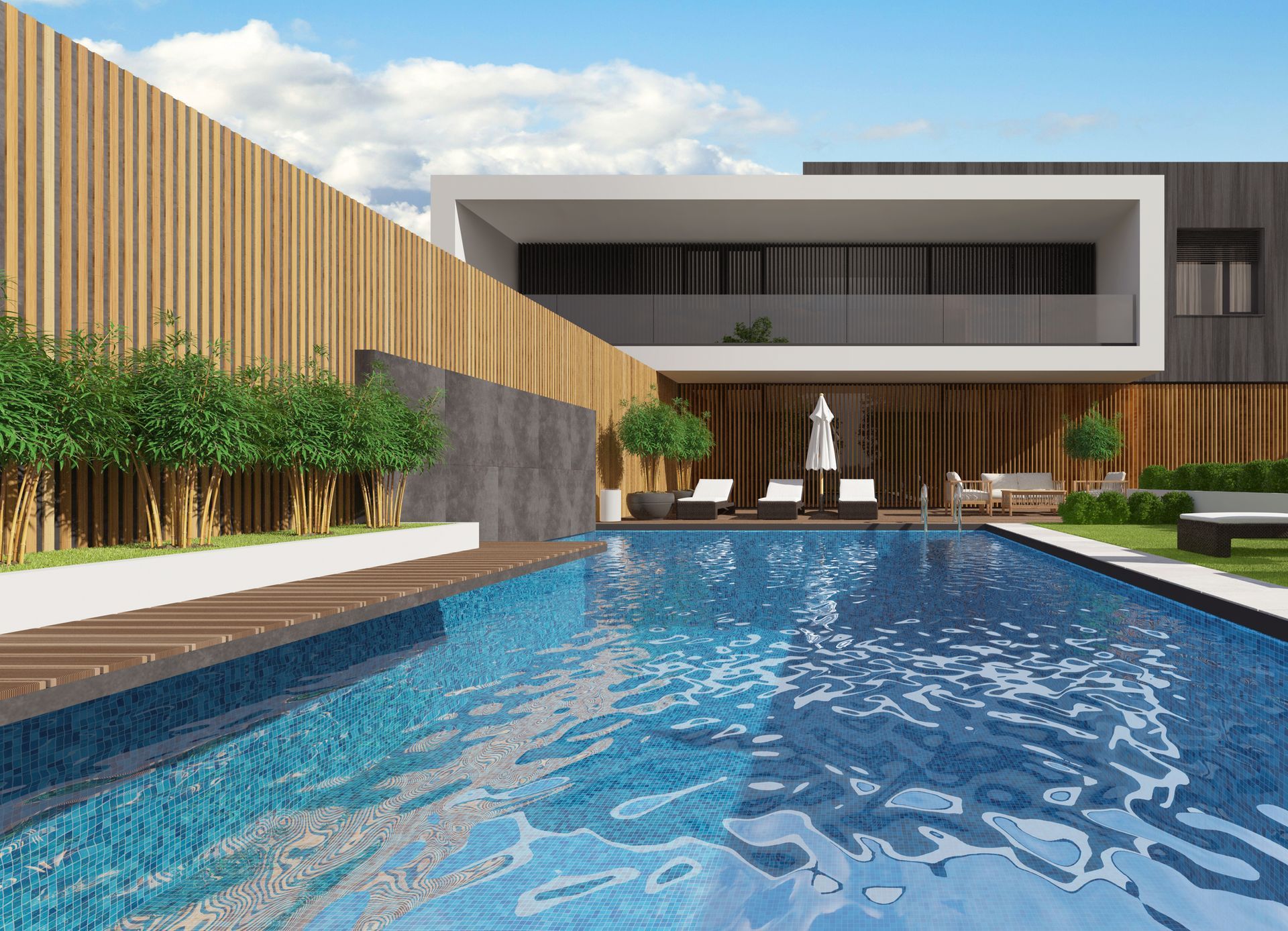 Modern villa with swimming pool, showcasing expert swimming pool design.