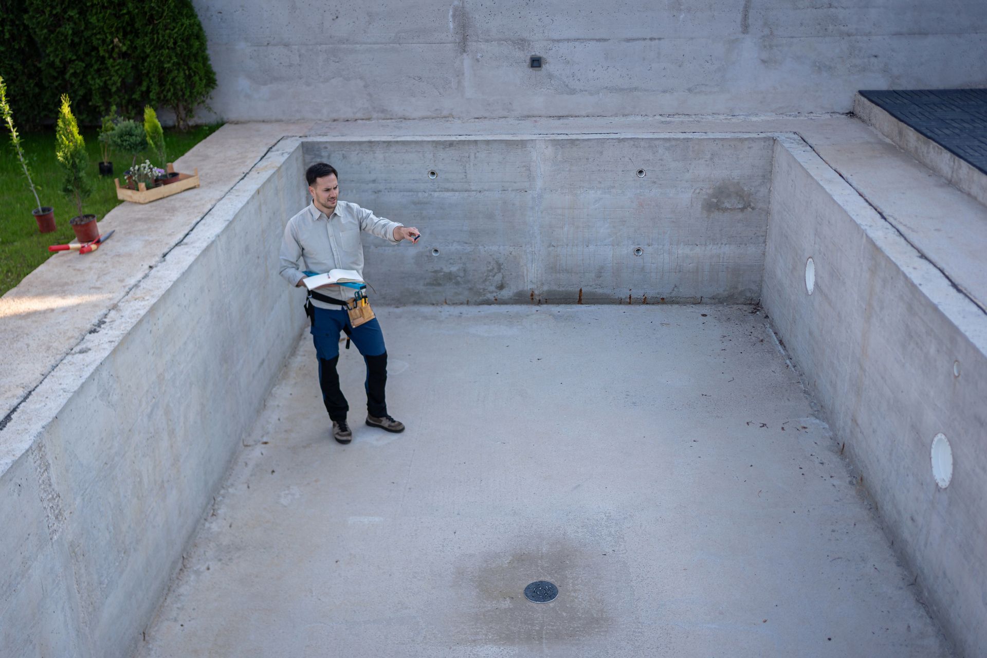 Civil engineer on a construction site overseeing foundation work of a pool.