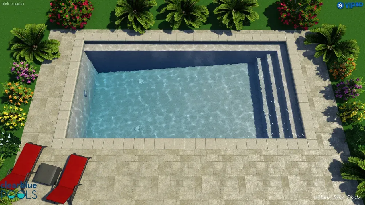 An aerial view of a large swimming pool surrounded by plants and chairs.